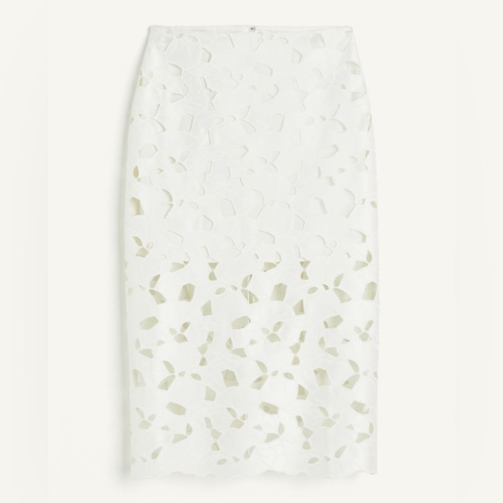 NWT H&M Satin Midi Skirt w/ Eyelet Embroidery White Sz 0 2 4 6 8 10 12 14 16 18